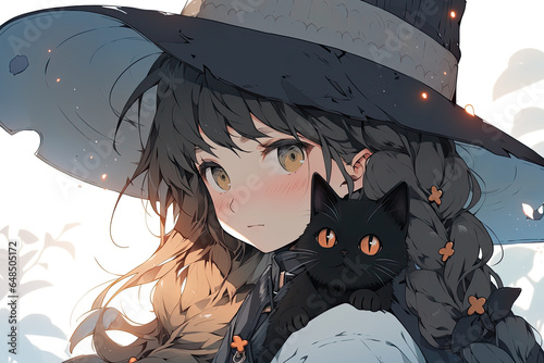 Cute Witch Anime Girl With A Black Cat Familiar photo