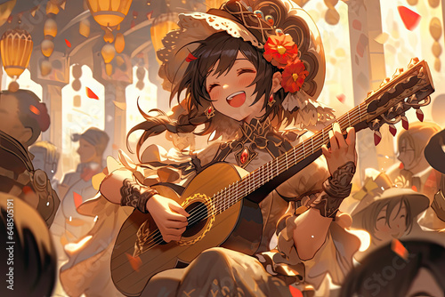 Fantasy Bard Anime Girl Captivating An Enchanted Audience photo