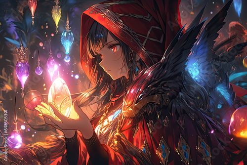 Sorceress Anime Girl Summoning Mystical Creatures photo