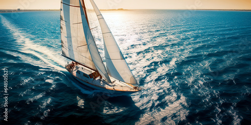 Regatta of sailing ships with white sails on the high seas. Aerial view of a sailboat in a windy state. 