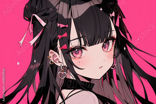 Beautiful Cute Anime Girl With Black Hair On Pink Background