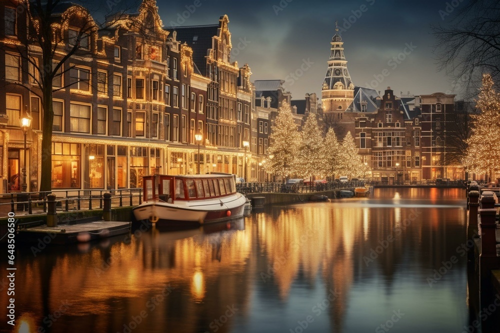 Evening view of sparkling Amsterdam canals in December. Generative AI