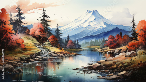 綺麗な秋の富士山、水彩画、Beautiful autumn Mt. Fuji, watercolor painting(AI)