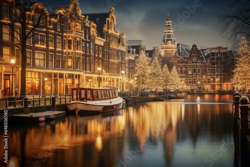Evening view of sparkling Amsterdam canals in December Fototapeta