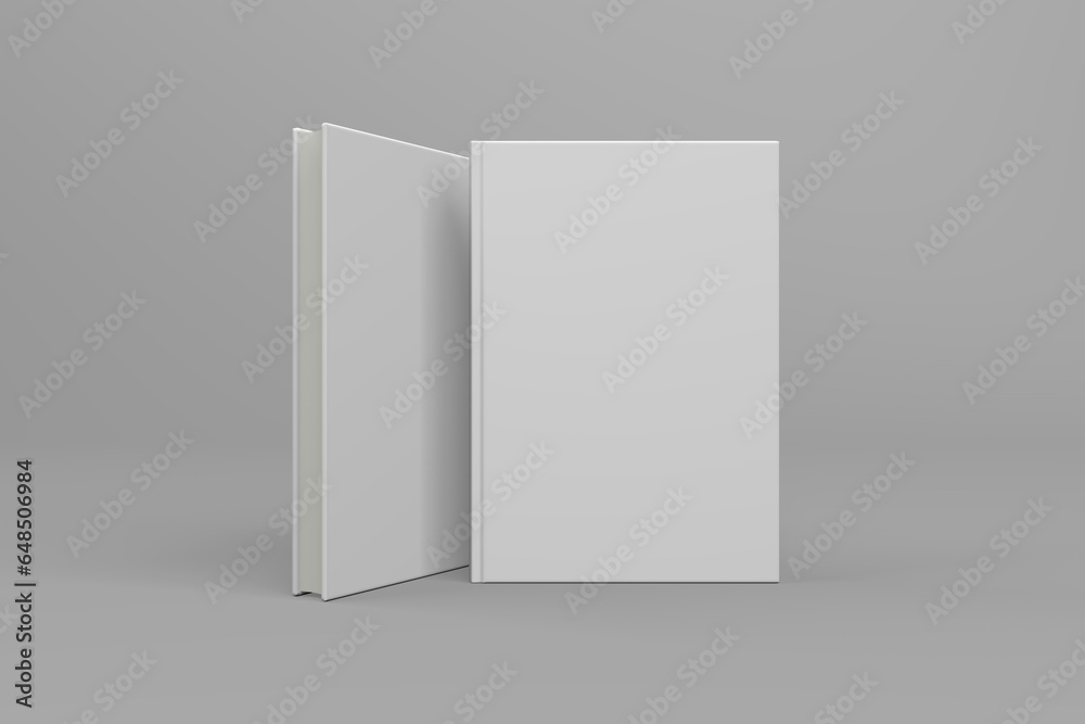 Realistic 3D book mockup illustration with 2 hard covers. Book model standing upright on isolated gray background with shadow. 2 hardcover books. Ready for you to present your design. - obrazy, fototapety, plakaty 