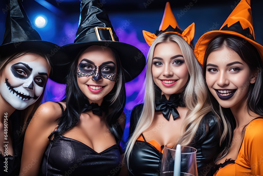 Party group of happy smiling young people dressed in costumes celebrating Halloween, concept Religion and Culture, generative ai Party group of happy smiling young people dressed in costumes celebrating Halloween, concept Religion and Culture, generative ai