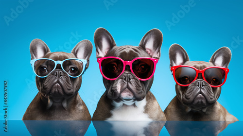 Group of dogs wearing sunglasses- Three french bulldogs family, group studio background photo 