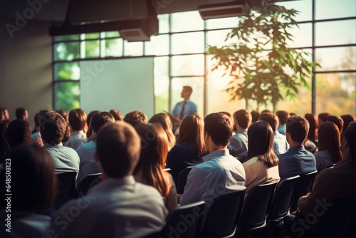 Business people or students are watching a presentation or attending training or a seminar in a conference room or auditorium.