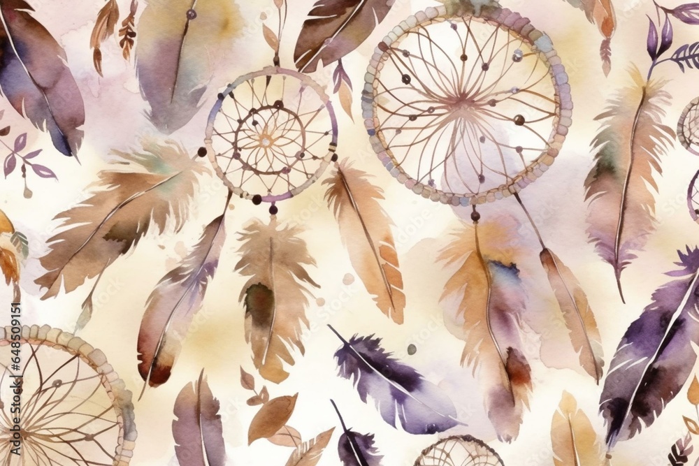 Seamless watercolor print of dream catchers, floral and tribal Navajo isolated illustration, bohemian ornament from Native American tribe decoration. Generative AI - obrazy, fototapety, plakaty 