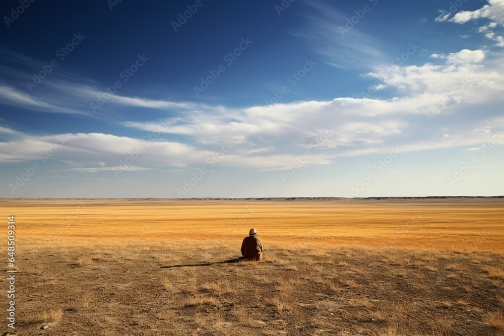 solitary figure rests amidst wide Kansas plains. Generative AI