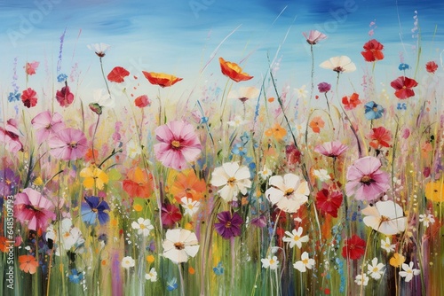 Vibrant oil painting capturing wildflowers in a blooming field with a modern impressionist touch. Generative AI
