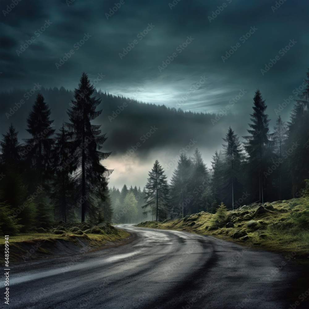 Road leading through the forest in dark clouds Road leading through the forest in dark clouds