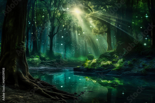 Enchanting forest scene illuminated by a mystical emerald light. Fairy tale outdoor background