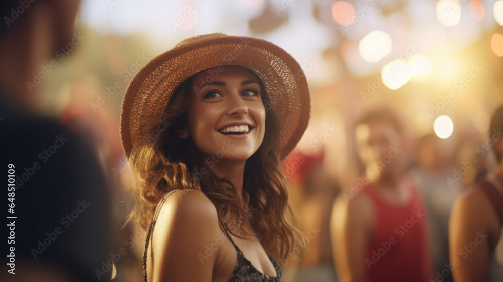 Capturing Joy: A Free-Spirited, Happy Woman in a Hat Immersed in the Festive Atmosphere of a Music Event, Fair, Amusement Park, or Festival, with a Shallow Depth of Field.