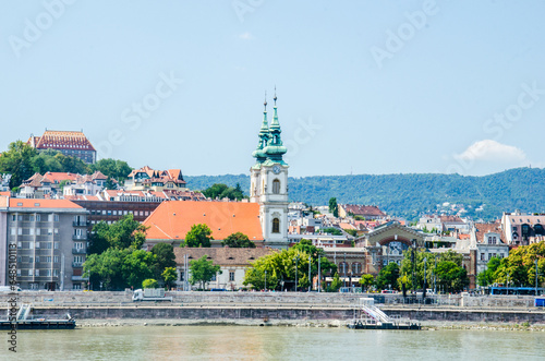 Panorama of Budapest from Danube River stock photo.