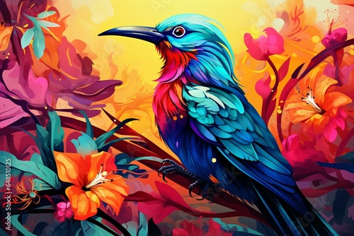 An illustration of a vibrant paradise bird on a tropical floral backdrop. Generative AI