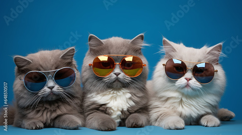 Three furry cats sitting down wearing sunglasses - Studio Pet Portrait photo