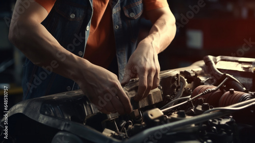 Skilled Auto Mechanic Tending to a Broken Car Engine in a Bustling Mechanics Service or Garage, Meticulously Performing Transport Maintenance with a Wrench and Keen Attention to Detail.