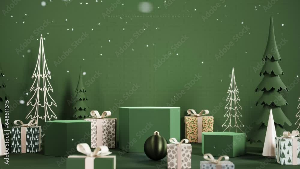 Winter Christmas scene with empty podium for product presentation. Luxury mockup podium with Christmas decoration and falling snow on green background. 3D Rendering, 3D Illustration
