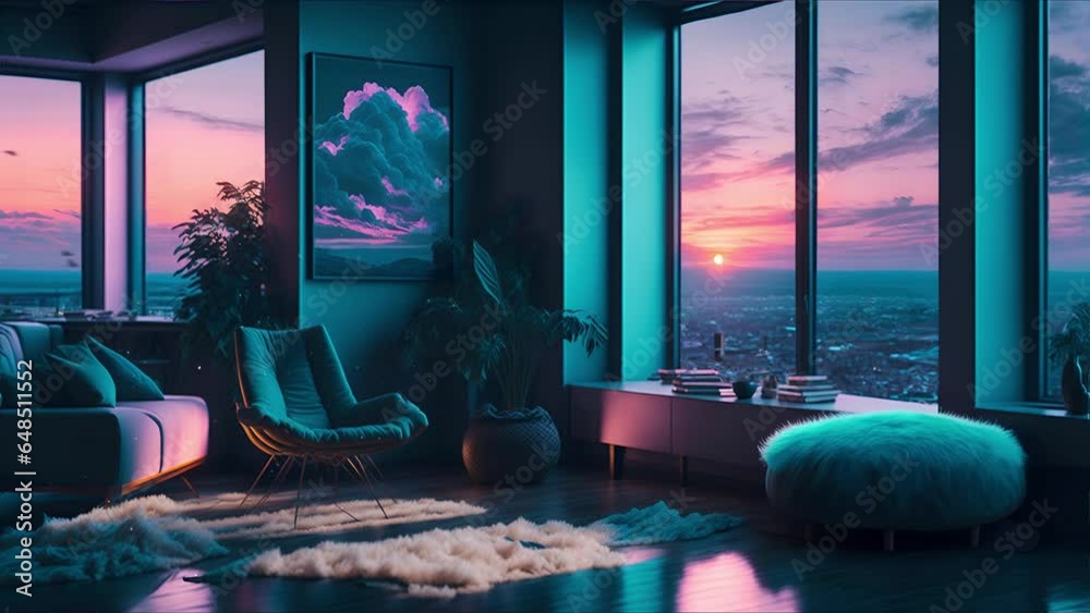 animated virtual backgrounds, stream overlay loop, interior, cozy futuristic living room at sunset, vtuber asset twitch zoom OBS screen, chill anime lo-fi hip hop	