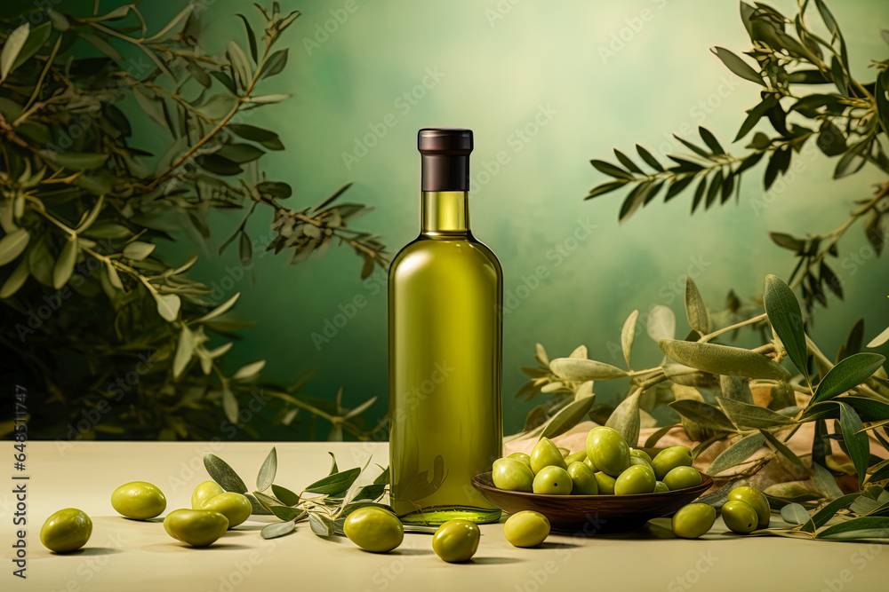 Mock up of green olives and olive oil with soft textures, essence of Mediterranean beauty Mock up of green olives and olive oil with soft textures, essence of Mediterranean beauty
