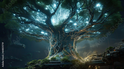 Yggdrasil Tree Of Life Reimagined. Tree of Life with Data Streams. Futuristic Yggdrasil World Tree. Yggdrasil Landscape And Background. Generative AI