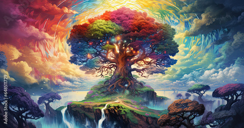 Vibrant Tree Of Life Yggdrasil. Colorful Sacred World Tree. Yggdrasil Landscape And Background. Generative AI