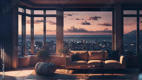 luxury living room, animated virtual backgrounds, stream overlay loop, sofa cozy interior golden hour sundown, vtuber asset twitch zoom OBS screen, anime chill atmospheric