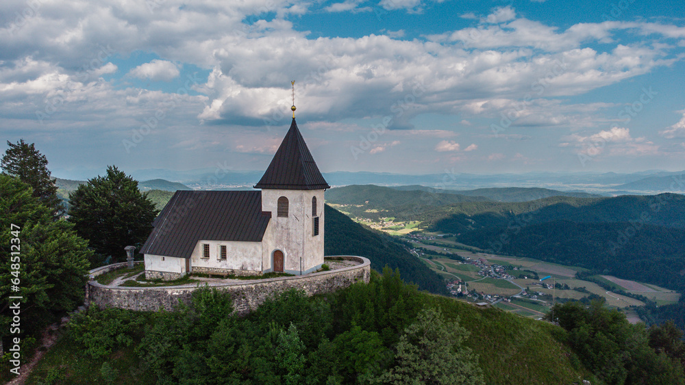 Church Saint Lawrence at the top of Mount Polhov Gradec aka Mount Saint Lawrence Hill in the Polhov Gradec.