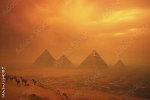 Overlooking pyramids amid a foggy orange storm. Generative AI
