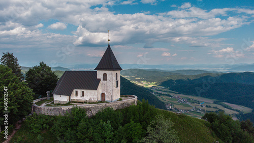 Church Saint Lawrence at the top of Mount Polhov Gradec aka Mount Saint Lawrence Hill in the Polhov Gradec.