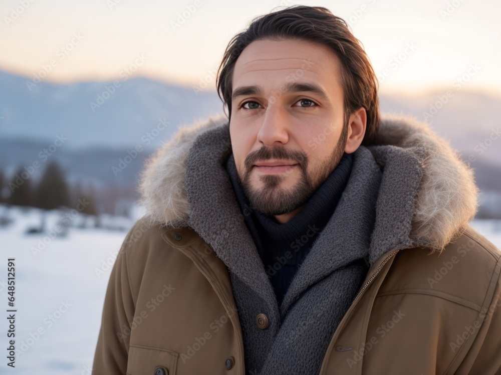 Man in Winter Jacket with Mountain Scenery, Winter Adventure: Man in Mountainous Landscape, Exploring the Outdoors: Man in Winter Jacket and Mountains Man in Winter Jacket with Mountain Scenery, Winter Adventure: Man in Mountainous Landscape, Exploring the Outdoors: Man in Winter Jacket and Mountains