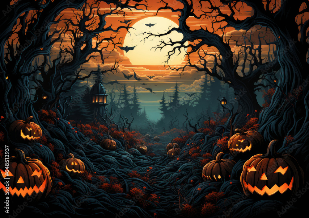 Halloween background with pumpkin and bats