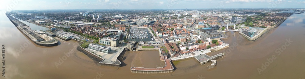 Overhead drone photo looking down over the marina area of Kingston-upon-Hull, UK
