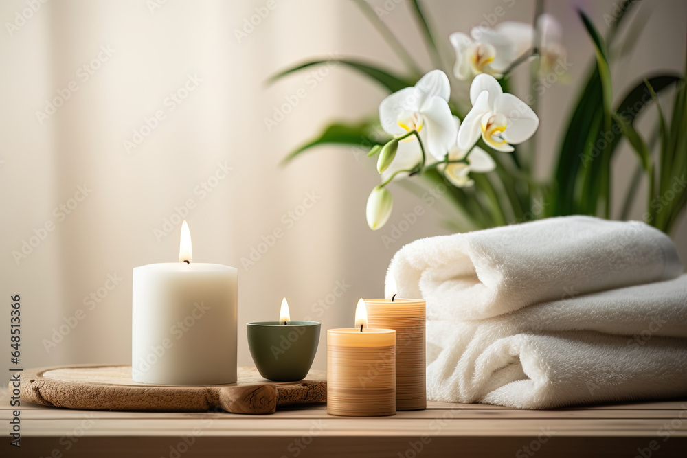 Environment with mock up of spa products to find inner calm, tranquility and personal pampering