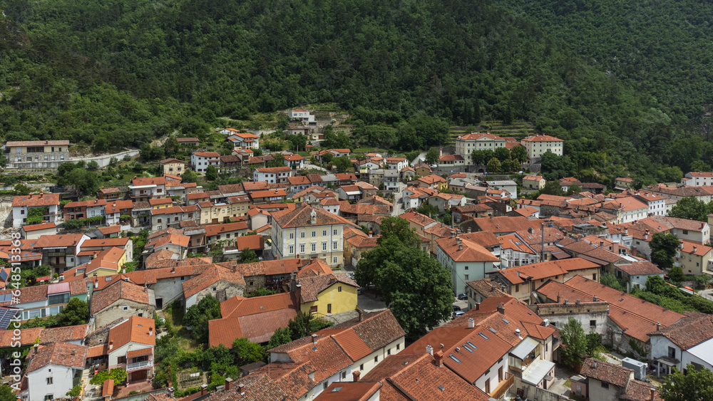 Aerial View of Vipava Town, Slovenia. Red Roofs and Forest Covered Hills in the Background