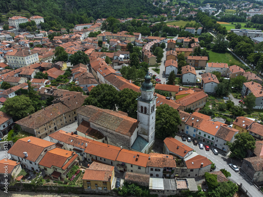 Aerial View of Vipava Town, Slovenia. Red Roofs and Church