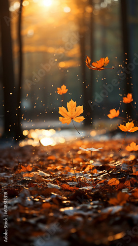 Autumnal tree leaf in the rain, rainy weather autumne background. AI generative