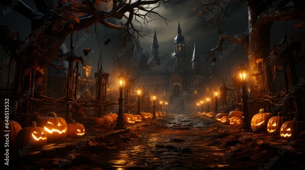 graveyard Halloween pumpkins and ghosts in the style rendered in unreal engine