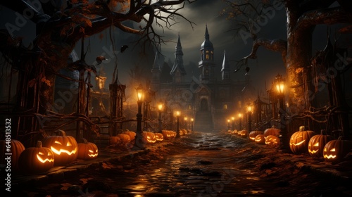 graveyard Halloween pumpkins and ghosts in the style rendered in unreal engine