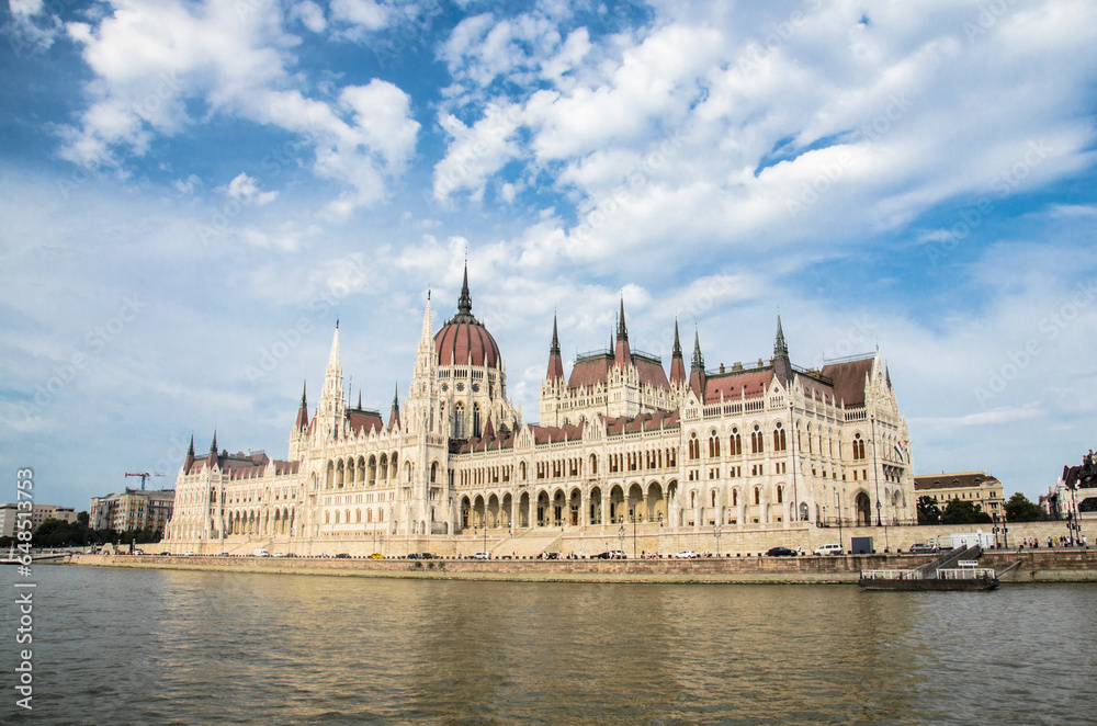 Blue Sky View of Budapest Parliament from Danube River, Hungary.