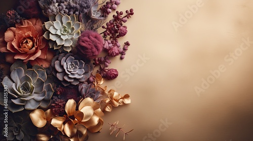 Succulents and dried flowers arranged in an artistic gradient, set on a brushed gold backdrop. Floral card with copy space. © Dannchez