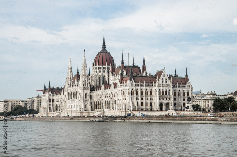 View of Hungarian Parliament in Budapest from Danube River.