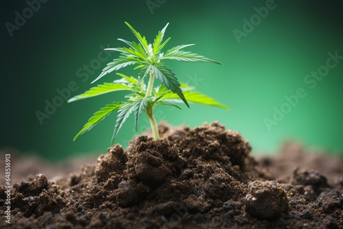 Isolated cannabis plant growing from soil. Generative AI