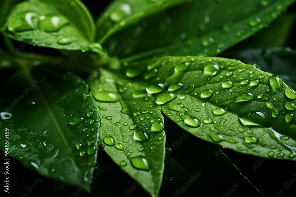 A micro close up shot of a green leaf adorned with water droplets A micro close up shot of a green leaf adorned with water droplets