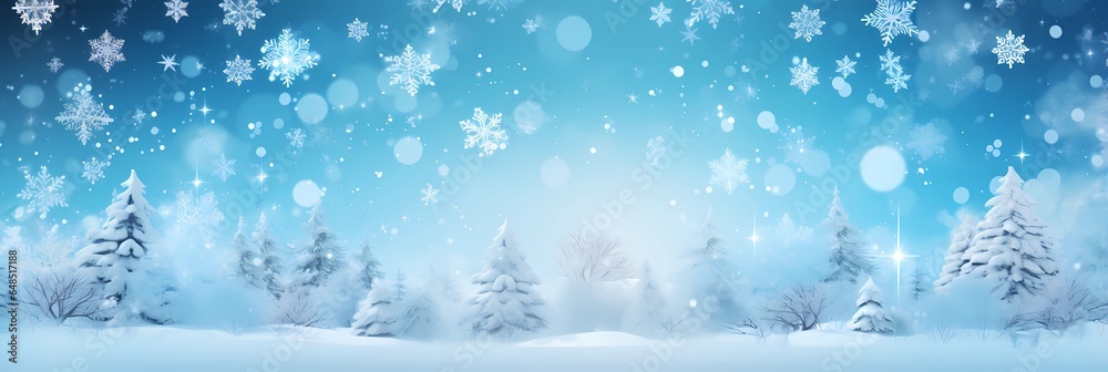 blue background with snow flakes and trees. perfect for creating holiday cards, winter-themed posters, and festive social media graphics. - obrazy, fototapety, plakaty 
