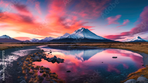 Colorful sunrise over the snow covered mountains and reflective still water lake