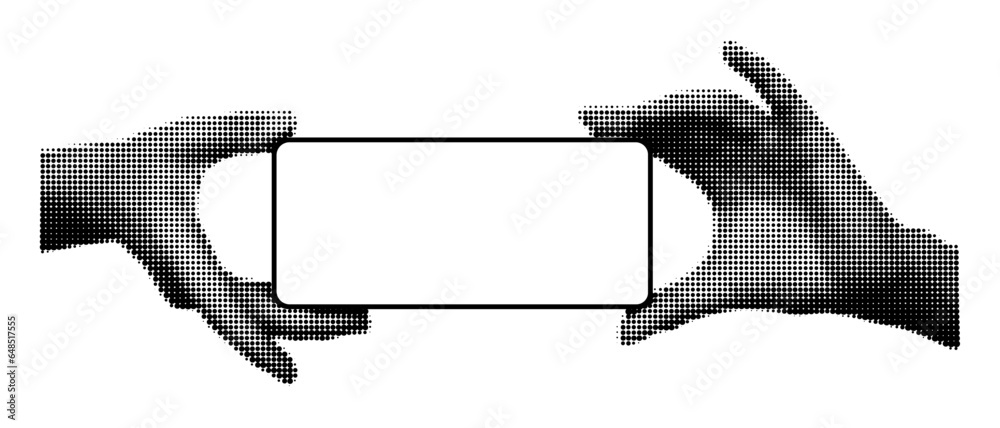 Two hands holding smartphone with blank screen horizontally. Halftone ...