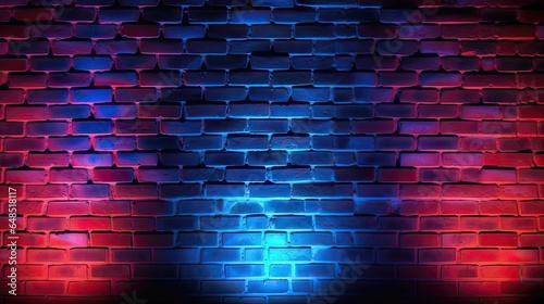 Red and Blue Neon Lights on Unplastered Brick Wall. Vibrant Background and Texture