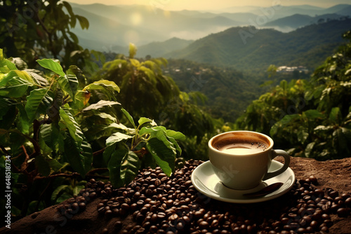 coffee plantation and cup of coffee. generative ai. coffee invigorating drink.